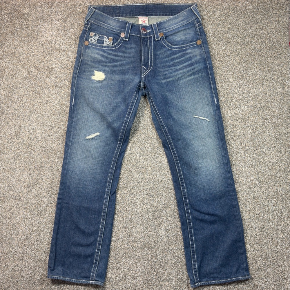 True Religion Bobby Jeans Mens 33 Distressed Straight Leg Made In USA Horseshoe